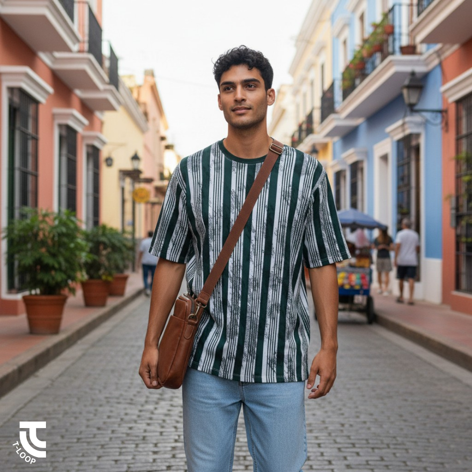 Printed T-Shirt | Bottle Green & White